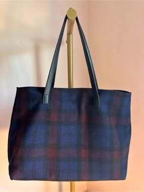 BASS Plaid Fleece Tote Bag with Leather Handles - with attached wallet.